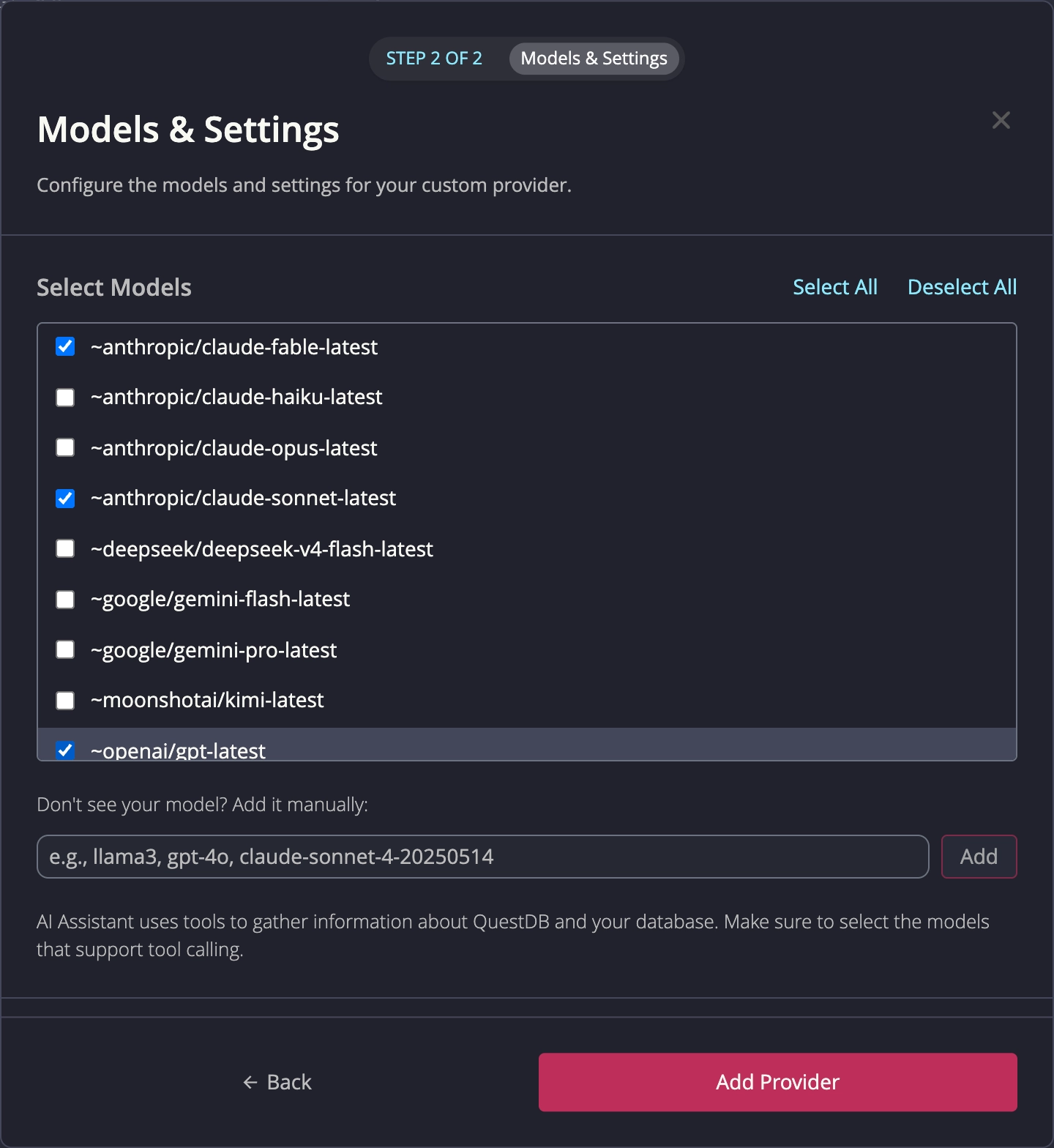 Model selection for a custom provider